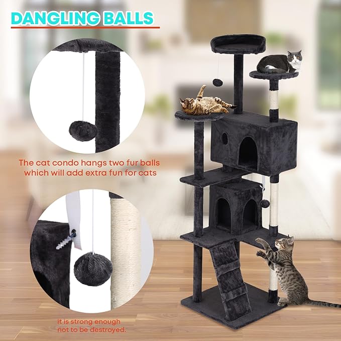 FDW Cat Tree 70in Cat Tower Multi-Level Durable Cat Scratching Post & Cozy Fun Cat Jumping Platform Space Saving Cat Condo Pet Play House for Indoor Cats,Dark Gray-PurrikoPets