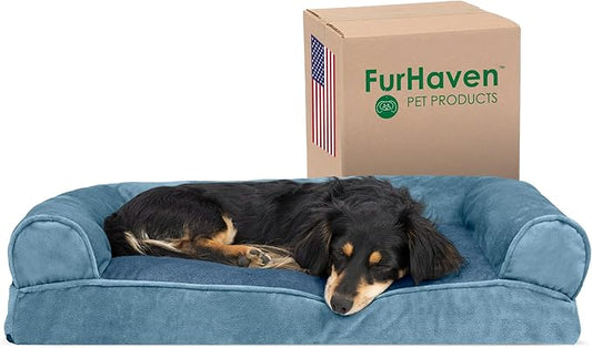 Furhaven Pillow Dog Bed for Medium/Small Dogs w/ Removable Bolsters & Washable Cover - Faux Fur & Velvet Sofa - Harbor Blue, Medium-PurrikoPets