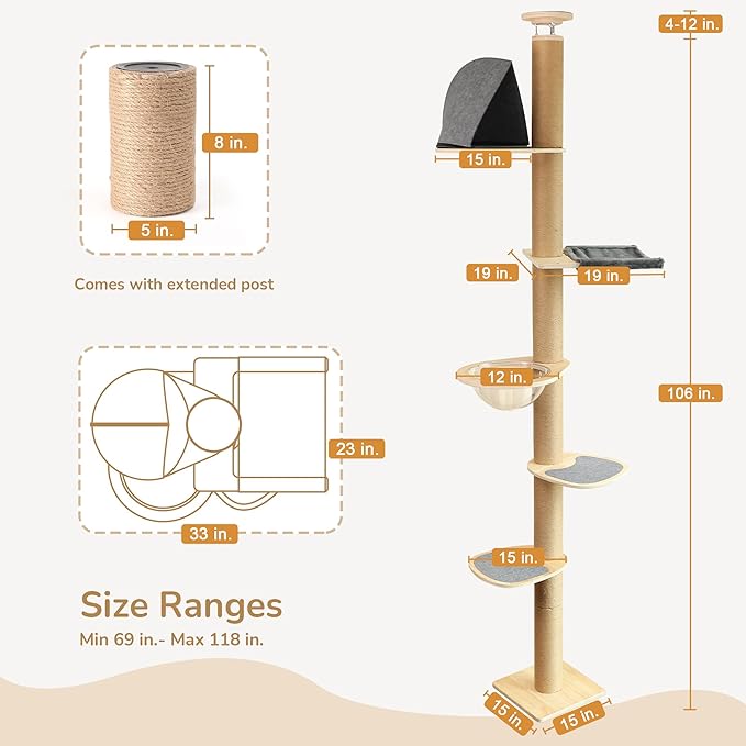 FUKUMARU Floor to Ceiling Cat Tree, 6 Level Adjustable Height (5.7-9.8 ft) Climbing Tower with Thickened Scratching Posts, Cats Activity Center with Transparent Capsule and Cozy Hammock-PurrikoPets