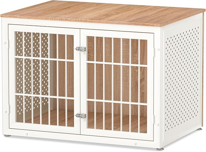 42" Heavy Duty Dog Crate Furniture for Large Dogs, Metal Kennel for High Anxiety Dogs, White Wooden Cage Furniture Indoor, Decorative Dog Kennel End Table, XL-PurrikoPets