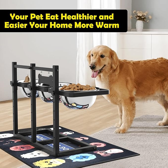 Elevated Dog Bowl Stand for Medium/Large Dogs with Slow Feeder & Mat, Adjustable Height 3.9'',5.5'',7.1'',8.7'',10.2'',11.8'', 58oz Raised Triple Dog Food Water Bowls-PurrikoPets