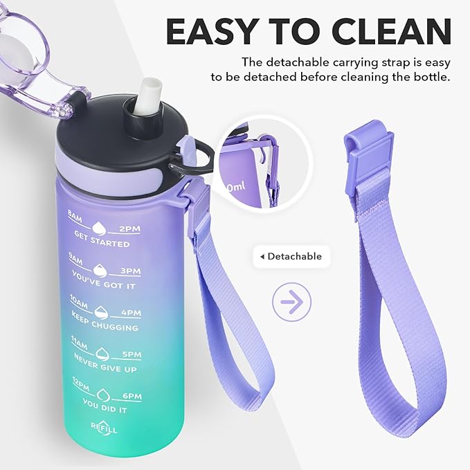 Enerbone Water Bottle, Leakproof BPA & Toxic Free, Motivational Water Bottle with Times to Drink and Straw, Fitness Sports Water Bottle with Strap for Office, Gym, Outdoor Sports-PurrikoPets