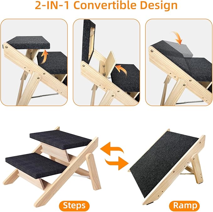 Dog Stairs/Ramp for Bed, Wooden Convertible Pet Steps, Portable Dog Ladder Up to 180 Pound for Elderly/Short-Legged Dogs, 2 Steps for Beds, Couch, Cars-PurrikoPets