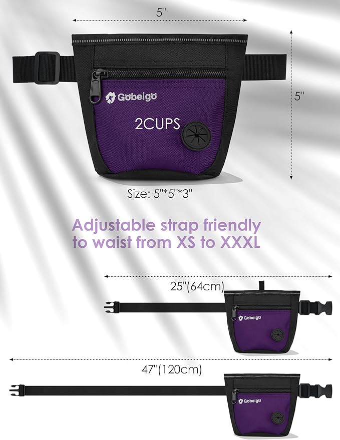Gobeigo Dog Treat Pouch and Training Clicker, Upgrade Two Magnetic Closure to Prevent Spills, 2 Cup Treat Bag with Poop Bag Dispenser, Metal Clip Waist Belt Fanny Pack for Pet Walk (Black/Purple)-PurrikoPets