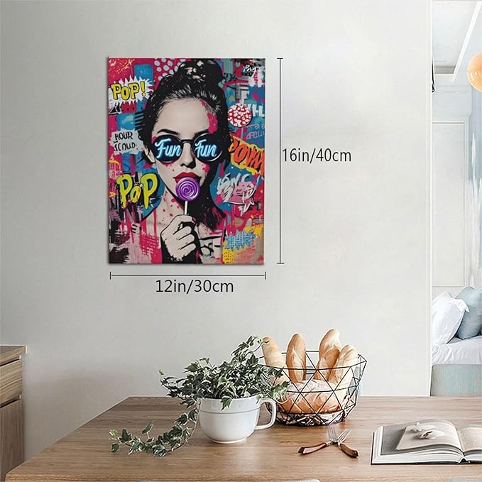 Fashion Women Wall Art Glam Modern Artwork for Girls Banksy Street Graffiti Pop Art Canvas Pictures Painting Print Framed Decorations Gifts for Bedroom Living Room Office 12"x16"-PurrikoPets