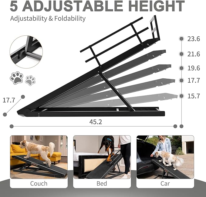 ABORON Folding Pet Ramp, 5-Level Adjustable Dog Ramp for Bed, Couch, SUV - High Traction Rubber Surface, Supports up to 200 lbs, 45.2" Long - Ideal for Small & Large Dogs & Cats,Black Finish-PurrikoPets