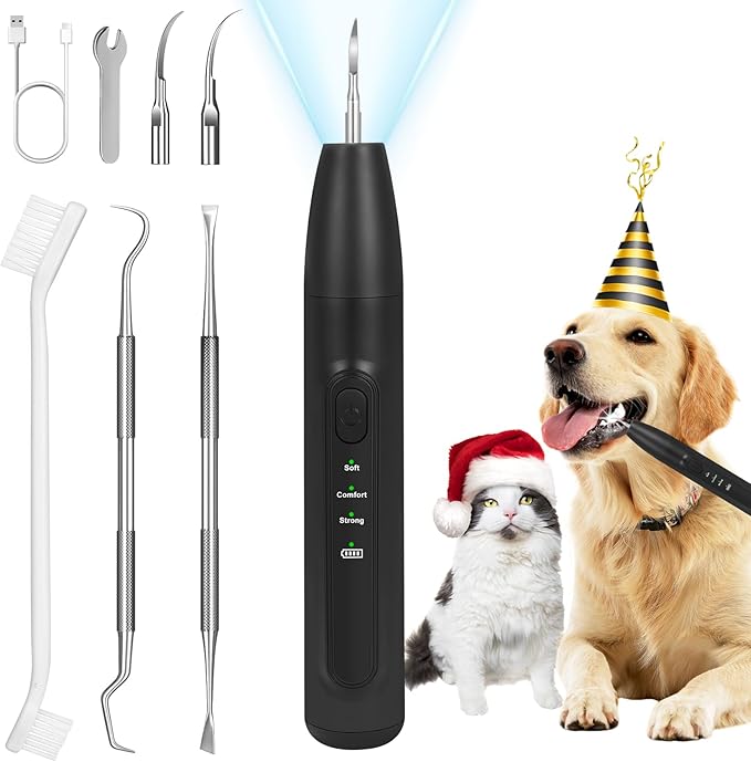 Dog Tooth Brushing Kit,Dogs Teeth Cleaning Kit with Light,3 Modes Doggie Plaque and Tartar Remover for Teeth,Low Noise Dog Teeth Cleaner and Dental Care, Black1-PurrikoPets