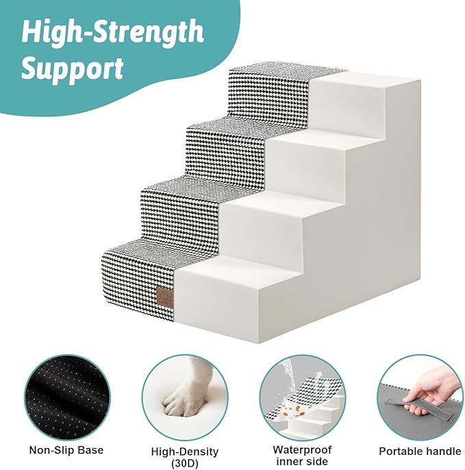 Dog Stairs for Small Dogs, 4 Tier Wider Pet Stairs for Couch and Beds, 17.7" H Non-Slip Dog Steps for Old Cats, Puppy, Small Medium Dogs, 17.7x23.6x17.7 inch, White Black-PurrikoPets