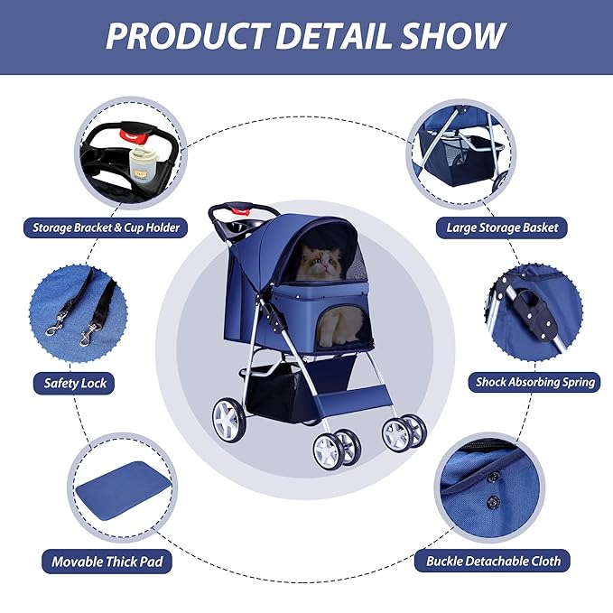 4 Wheels Pet Stroller for Small Medium Dogs Cats 10-33 lbs, Foldable Dog and Cat Stroller with Cup Holder & Storage Basket & Breathable Mesh, Pet Strolling Cart for All-Season, Navy Blue-PurrikoPets