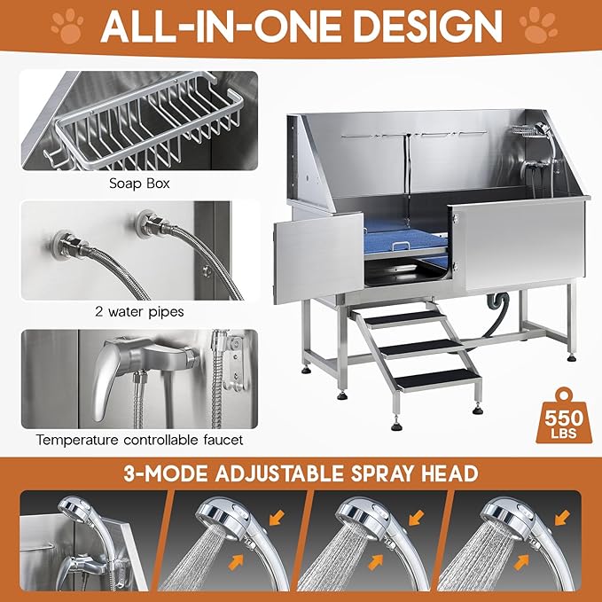 Albott 60 Inch Stainless Steel Dog Washing Station with Anti-Slip Steps, Sprayer, Faucet, Soap Box, Tow Rope – Professional Pet Bathtub for Large Pets, Ideal for Home, Garage, and Grooming(Left)-PurrikoPets