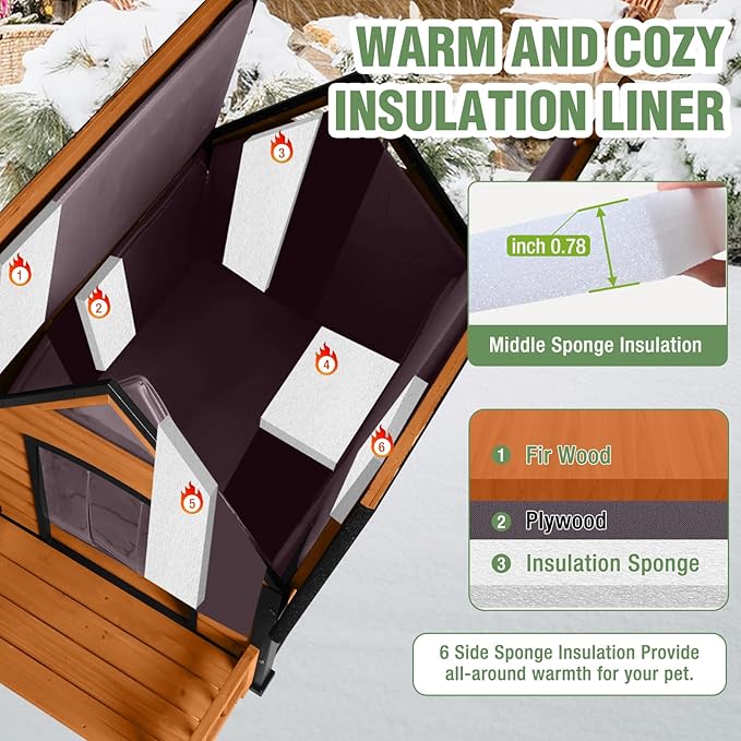 Dog House Outdoor Insulated for Winter, Puppy Kennel with Anti-Chewing Iron Frame, Weatherproof Dog Crate with Insulated Liner for Small Medium Large Dogs (Brown, 45" x 32.9" x 32.6")-PurrikoPets