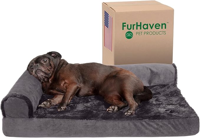 Furhaven Cooling Gel Dog Bed for Medium/Small Dogs w/ Removable Bolsters & Washable Cover, For Dogs Up to 35 lbs - Plush & Velvet L Shaped Chaise - Platinum Gray, Medium-PurrikoPets