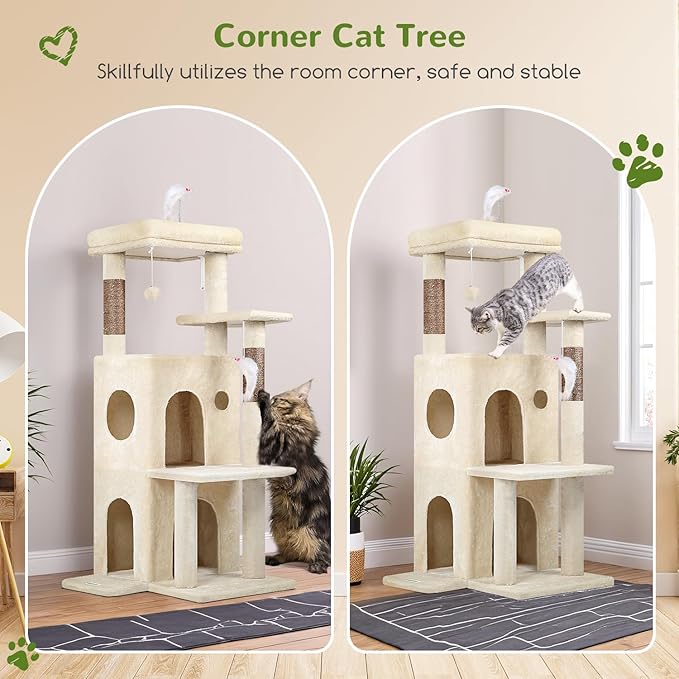 Globlazer Cat Tree Tower for Indoor Cats, 50-inch Adult Cat Tree House for Large Adult Cats with Steps, Scratching Post, 2 Cat Caves, Dangling Toys, FC50, Beige-PurrikoPets