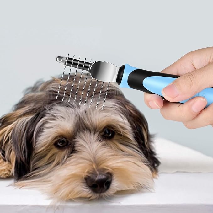 Flexzion Dogs Dematting Comb, Stainless Steel Blades Rakes, for Pets Cats Animals Matted Knotted Hair, Brush Cutting Removing Grooming Tool with Smooth Teeth Needle - Black & Blue Handle-PurrikoPets