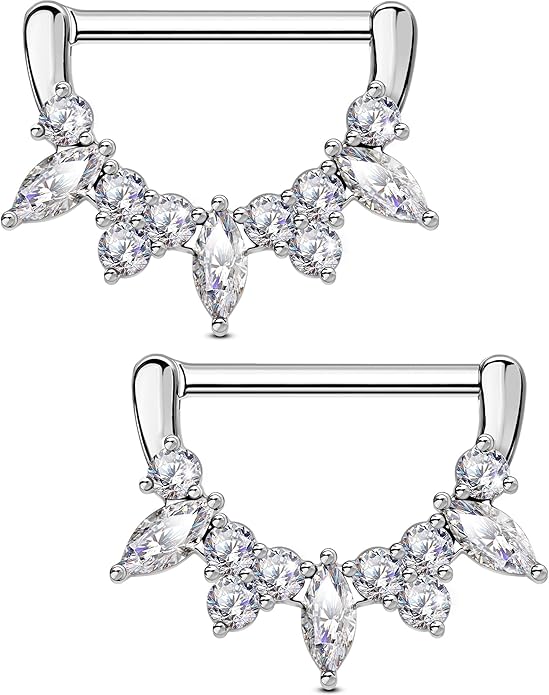 OUFER 2PCS Shield Nipple Rings for Women, 316L Surgical Steel Nipple Piercing Jewelry, Clear CZ Clicker Body Piercing Jewelry Barbells-14mm