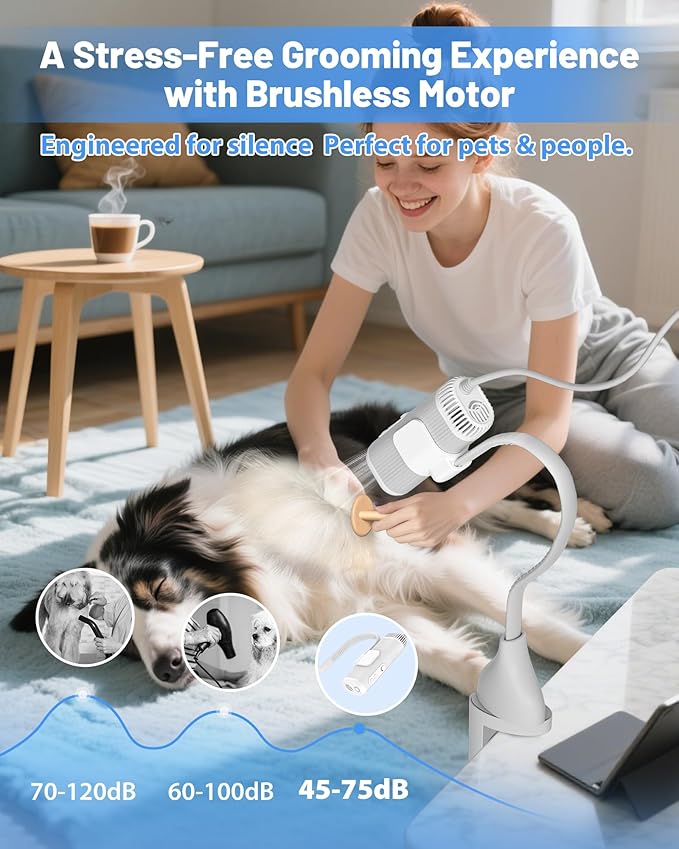 2-in-1 Hands-Free Dog Hair Dryer with Table Clamp – Low Noise Pet Grooming Dryer for Dogs & Cats, Adjustable Heat & Speed, Wearable or Desktop Use(Gray)-PurrikoPets