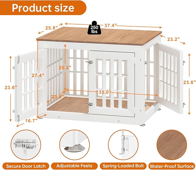 32" Heavy Duty Dog Crate Furniture for Small,Medium and Large Dogs,Rustic Wooden Dog Cage Kennel Indoor Furniture with Waterproof Top,Decorative Pet House Side End Table (White & Wood)-PurrikoPets