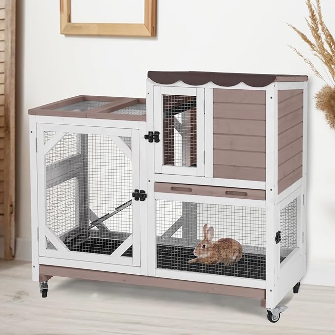 Aivituvin Rabbit Cage Indoor Outdoor Bunny Hutch on Wheels, 2 Story Wood Guinea Pig Cages with 2 Deeper Pull Out Trays-PurrikoPets