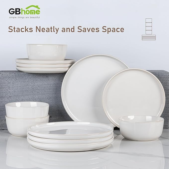 GBHOME Ceramic Dinnerware Sets for 4, 12 Pieces Stoneware Plates and Bowls Sets, Reactive Glaze Dishes -Scratch Resistant, Dishwasher&Microwave Safe-Star White-PurrikoPets