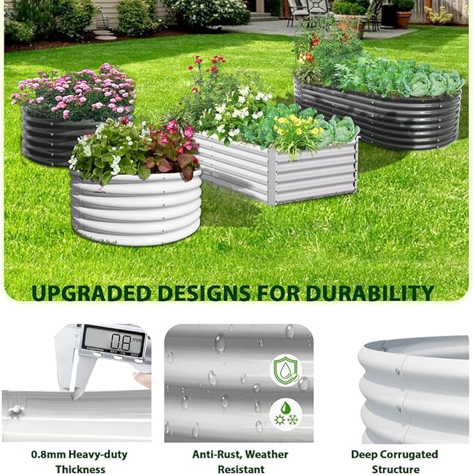 A ANLEOLIFE 8X4X2 ft Galvanized Raised Garden Beds Outdoor, Oval Large Metal Deep Root Planter Box for Planting Vegetables Flowers Herb, Anti-Rust & Easy-Setup, Antique White-PurrikoPets