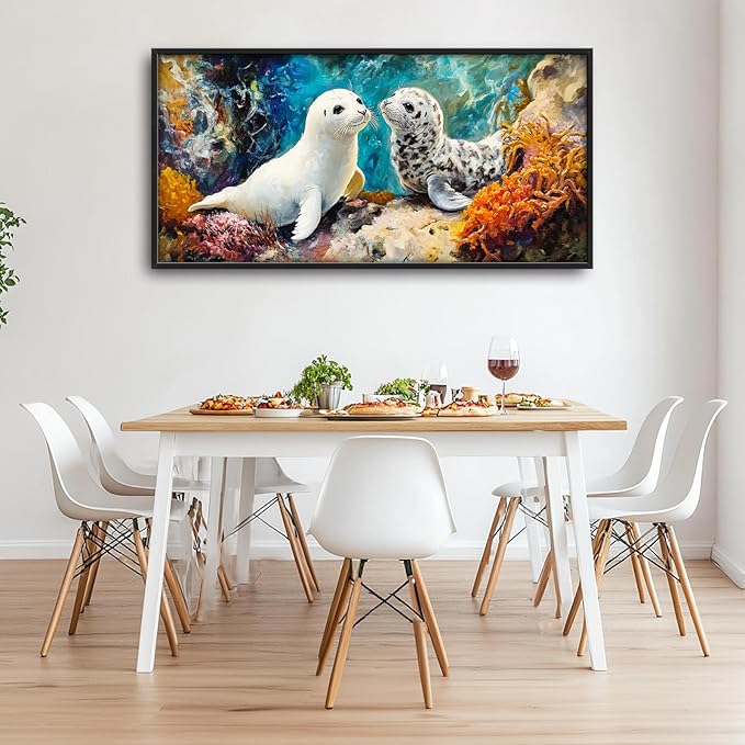 Extra Large Seal Framed Wall Art for Living Room,Oversized Underwater Animal Pictures Wall Decor,Ocean Coral Reef Canvas Print Painting Modern Artwork Bedroom Office Bathroom 60L" x 30W"-PurrikoPets
