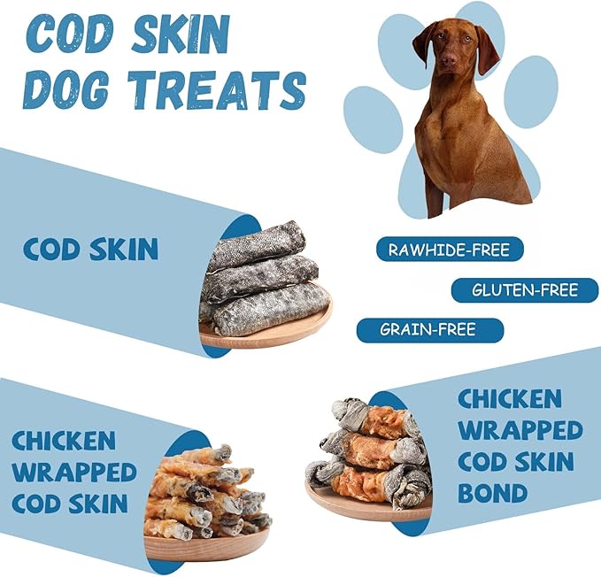 Dog Treats Natural Cod Skin Rolls, Rawhide-Free Chewy Fish Skin Dog Chews, One-Ingredient Healthy Training Treats Rich in Omega3 & Protein, 10.6 oz-PurrikoPets