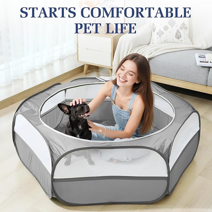 2-in-1 Small Animals Playpen with Pad, Waterproof Small Pet Cage Tent with Reusable Pad, Portable Outdoor Yard Fence with 3 Metal Rod for Chick/Kitten/Puppy/Guinea Pig/Rabbits/Chinchillas, Gray-PurrikoPets
