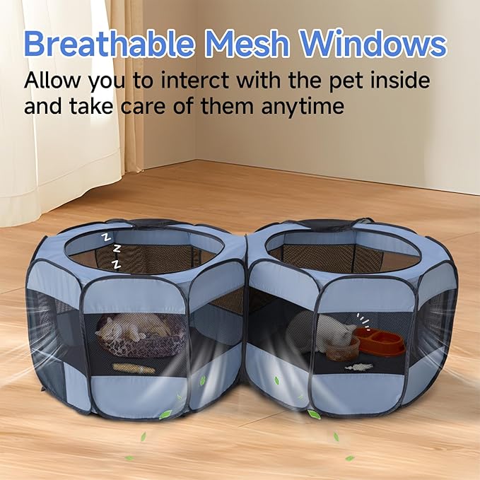 2-in-1 Dog Playpen, Pop Up Cat Puppy Pet Playpen, Indoor Outdoor Cats Enclosed, Cat Tent Crate Cage Kennel, Portable Playpen for Kitten and Small Animals(No Divider, Unified Space)-PurrikoPets