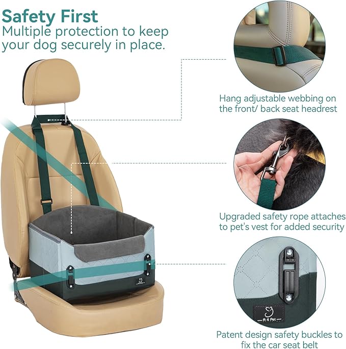 A 4 Pet Dog Car Seats for Small Dogs, Booster Car Seat with Patent Buckles & Clip-On Safety Leash, Pet Seat for Puppy Small Dogs Cats Under 25 Lbs, Green-PurrikoPets