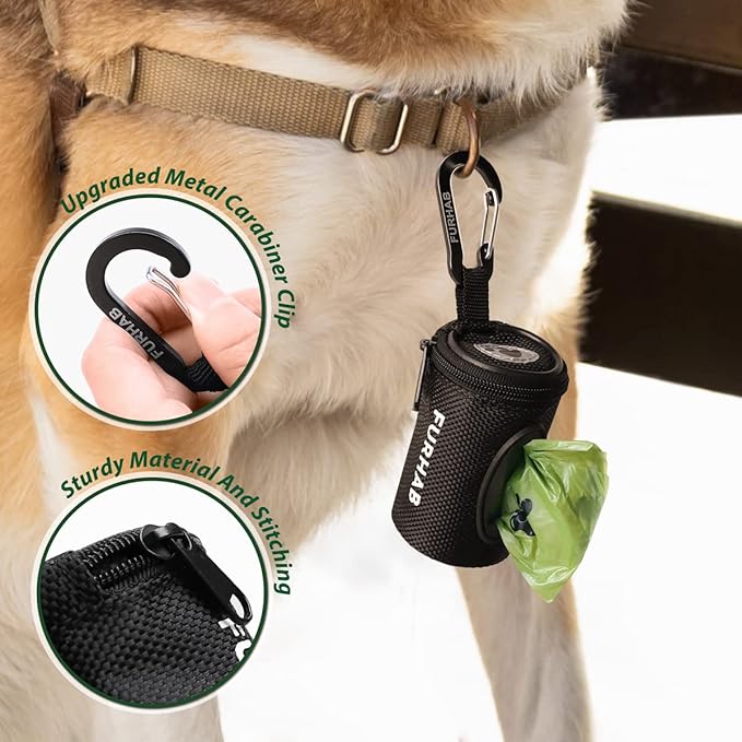Dog Poop Bag Holder for Leash Doggie Waste Bag Dispenser Soft Fabric Puppy Potty Carrier Small Doggy Zipper Pouch with Carabiner Clip with 1 Roll of Pet Trash Bags, Black-PurrikoPets
