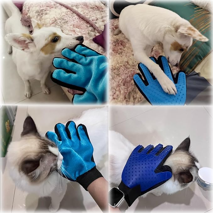 2 in 1 Cat Grooming Glove, Double-Sided Use Pet Hair Remover Glove, 1 Side is Gentle Grooming for Dogs, Cats, the Other is Effective Hair Remover for Furniture, Clothing (Light Blue, Right-Hand)-PurrikoPets