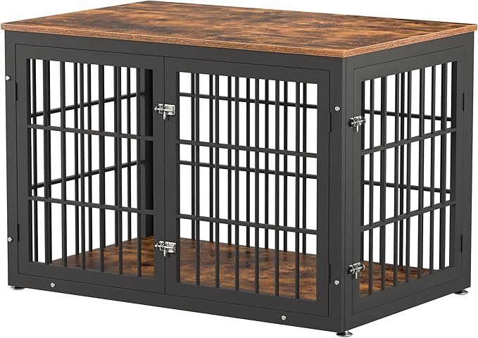 48 Inch Rustic Heavy Duty Dog Crate Furniture for Extra Large Dogs, Decorative Pet House End Table, Wooden Cage Kennel Furniture Indoor, Black and Brown-PurrikoPets