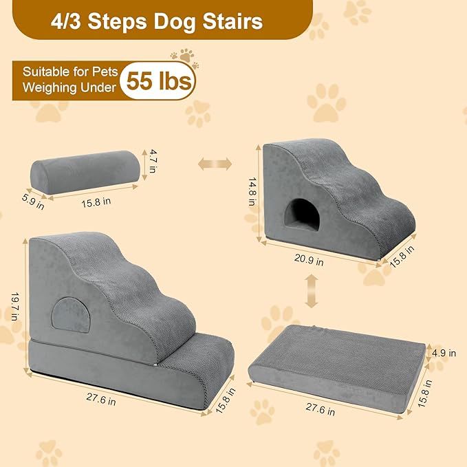 Dog Stairs for Small Dogs 19.7" H, 4-Step Dog Steps for High Bed, High-Density Foam Curved Pet Stairs with Non-Slip Removable Washable Cover to Get on Bed-PurrikoPets
