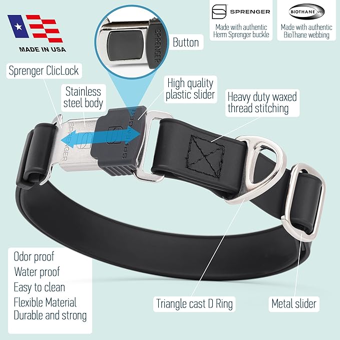Dogline Biothane Waterproof Dog Collar with Herm Sprenger Stainless Steel Quick Release Buckle – Heavy Duty Tactical Durable Collar for Dogs – Comfortable and Safe Pet Collar, W 1" L 15-25", Black-PurrikoPets