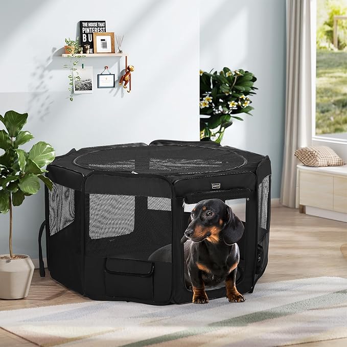 DONORO Dog Playpen Portable Pet Play Pens for Small Dog/Cat/Rabbit/Chicks, Cat Playpen Indoor/Outdoor with Carring Case, Removable Zipper Top and Bottom (Black, Large (46"x46"x23"), 8)-PurrikoPets