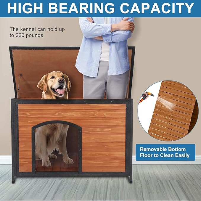 Dog House Outdoor Weatherproof 34.3" L Chew Proof Outside Dog Kennel for Small Medium Dogs with Strong Metal Chew Proof Frame Raised Design-PurrikoPets