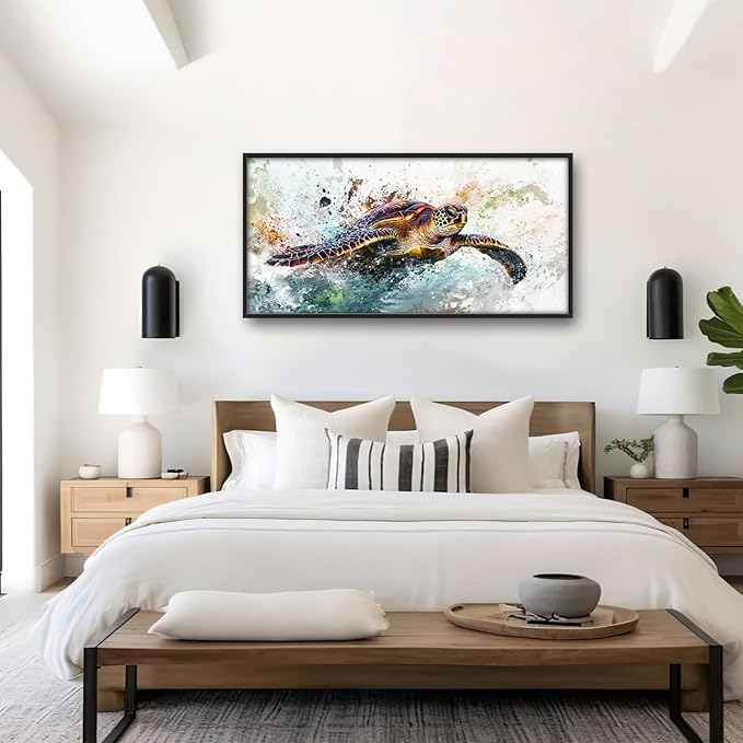 Extra Large Framed Sea Turtle Wall Art,Oversized Abstract Colorful Sea Nautical Wall Decor Pictures for Living Room,Canvas Print Painting Modern Artwork Bedroom Office Bathroom Home Decor 60L x30W-PurrikoPets