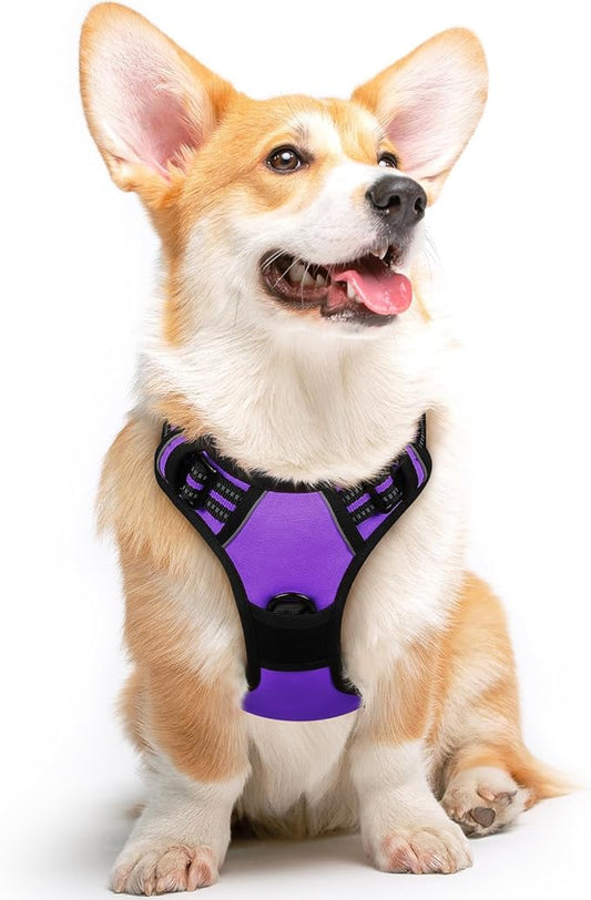 Eagloo Dog Harness Medium Sized Dog, No Pull Service Vest with Reflective Strips and Control Handle, Adjustable and Comfortable for Easy Walking, No Choke Pet Harness with 2 Metal Rings, Purple, M-PurrikoPets