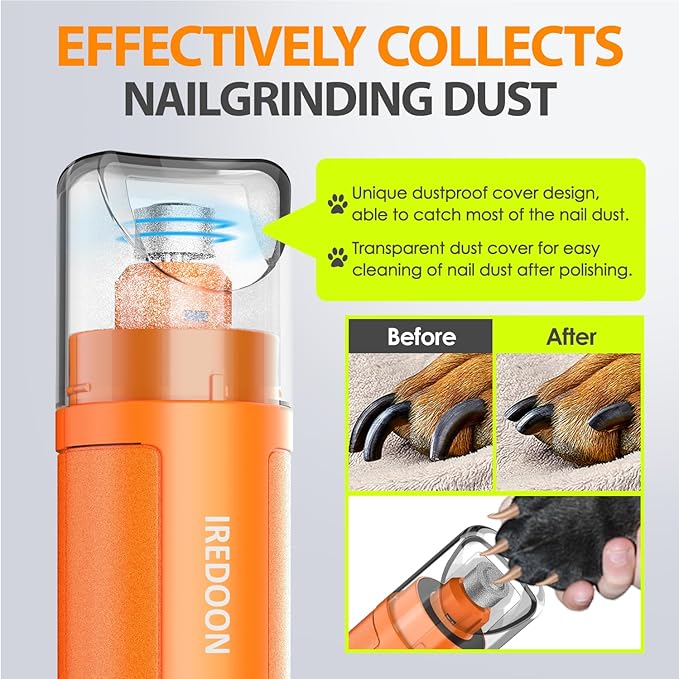 Dog Nail Grinder Upgraded - Professional 3-Speed Super Quiet and Low Vibration Electric Pet Nail Grinder with 4 LED Lights - Painless Paws Grooming & Smoothing for Small to Large Dogs (Orange)-PurrikoPets