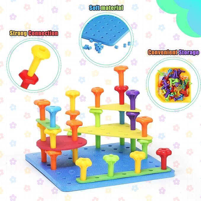 Ggiibro Peg Board Toy set 101Pcs DIY Building Stacking Toys for Kids 3-6 Years Old,STEM Educational Kids Toy for Brain Development,Montessori Sensory Toys,Plastic Lacing String Game-PurrikoPets