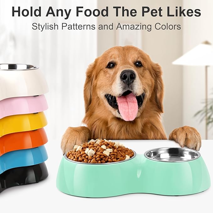 Elevated Dog Bowls Set - Non-Slip Raised Pet Feeder with Medium (2 Cups) & Large (4 Cups) Stainless Steel Bowls - Includes Durable Resin Stand for Puppies, Adult Dogs & Cats - Green-PurrikoPets