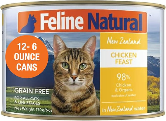 Feline Natural New Zealand Canned Catfood Wet Food, High-Meat, Low-Carb, & Grain Free Cat Food Wet, Chicken Feast, 6 oz, Pack of 12-PurrikoPets