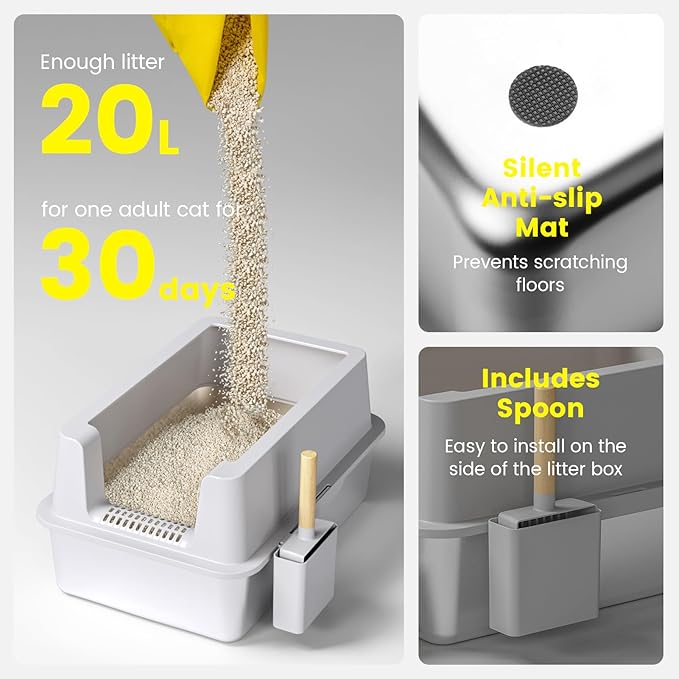 2 Pack Stainless Steel Cat Litter Box - Enclosed XL Metal Kitty Litter Box with Lid for Big Cats, High Sided, Anti-Leakage, Easy Cleaning, Non-Sticky, Included Cat Litter Spoon-PurrikoPets