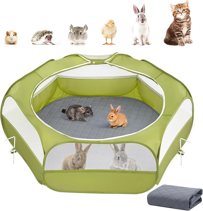 2-in-1 Small Animals Playpen with Pad, Waterproof Small Pet Cage Tent with Reusable Pad, Portable Outdoor Yard Fence with 3 Metal Rod for Chick/Kitten/Puppy/Guinea Pig/Rabbits/Chinchillas, Green-PurrikoPets