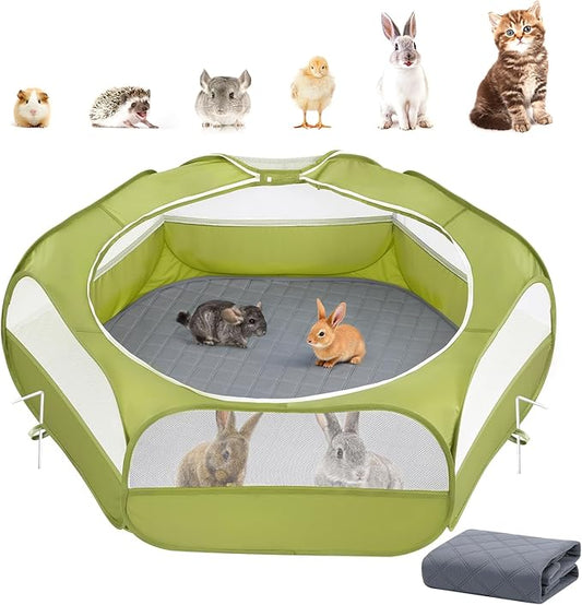 2-in-1 Small Animals Playpen with Pad, Waterproof Small Pet Cage Tent with Reusable Pad, Portable Outdoor Yard Fence with 3 Metal Rod for Chick/Kitten/Puppy/Guinea Pig/Rabbits/Chinchillas, Green-PurrikoPets