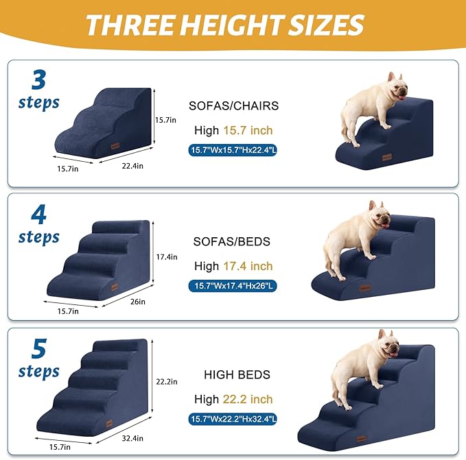 Dog Stairs and Steps for Beds Or Couches, 3-Step Pet Stairs & Steps for Small Dogs and Cats, Soft and Non-Slip Dog Ramp for Older Dogs,Pet with Joint Pain,Easy to Walk-PurrikoPets
