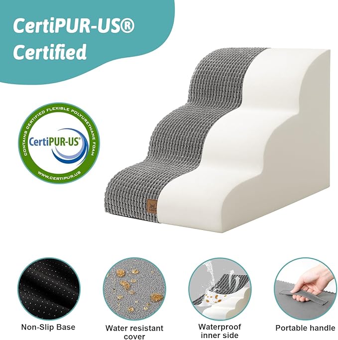 Dog Stairs for Small Dogs 15.7" H, Curved Dog Step for Puppy, Older Cat, Medium Pet Ramp for Sofa, Couch or Chair, Ladder with High Density Foam, 15.7x22.4x15.7 inch, 3 Step, Light Grey-PurrikoPets
