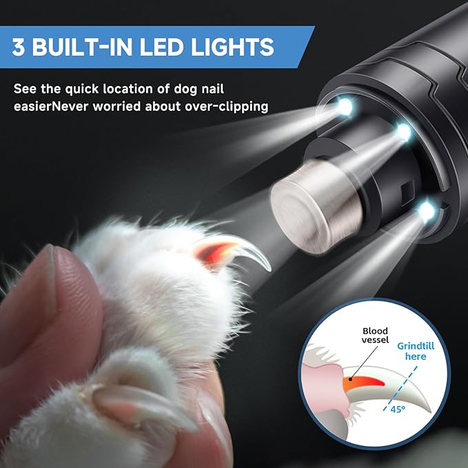 Dog Nail Grinder Quiet 2-Speed Pet Nail Grinder with 3 Led Lights and 3 Ports Rechargeable Electric Dog Nail Trimmer for Large and Small Dogs/Cats and Small Animals Safe (Black)-PurrikoPets