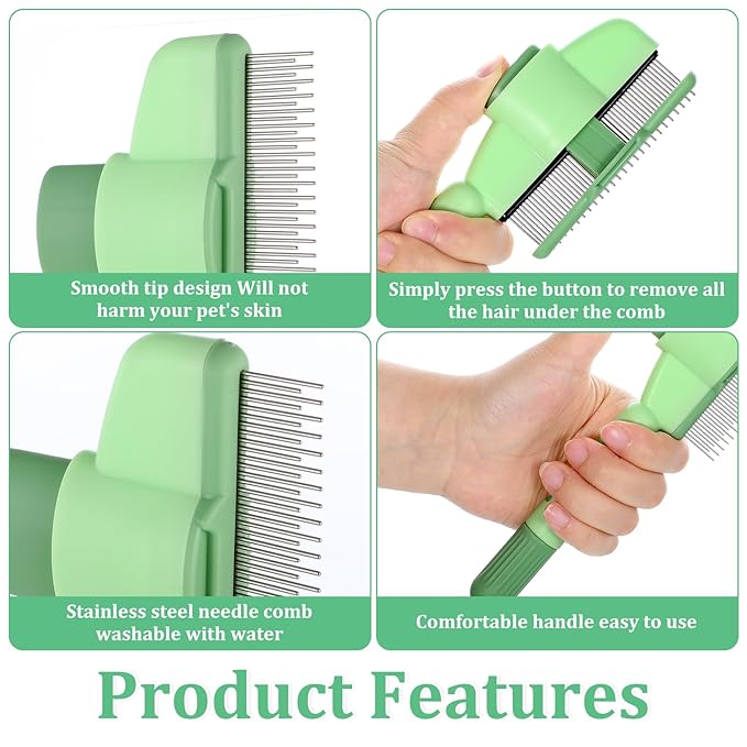 Flea Comb for Cats Dogs Brush for Shedding with Release Button Fine Tooth Pet Hair Removal Comb with Long & Short Stainless Steel Teeth for Deshedding Self-Cleaning Brush for Cat Dog Small Pets-PurrikoPets