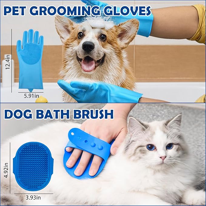 Dog Grooming Brush Set – 5-Piece Kit for Medium & Long-Haired Dogs | Includes Long Pin Brush, Flea Comb, Bath Glove, Silicone Glove, Metal Comb | For Poodles, Huskies & More (Blue)-PurrikoPets